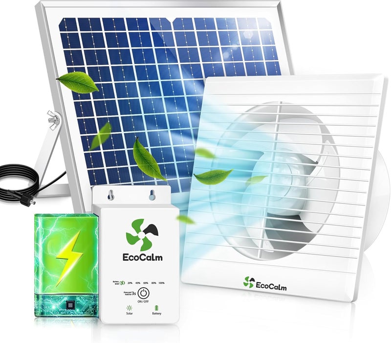 ecoCalm Solar Fan with Battery, 8" Solar Powered Fans for Shed with 25W Bifacial Solar Panel & Exhaust Fan for Greenhouse/Outside with Anti-backflow Valve - Image 1